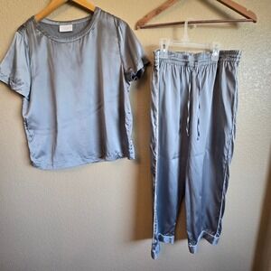 Hammacher Schlemmer 100% Silk Pajama Set XL Blue Grey Short Sleeve Top Pants